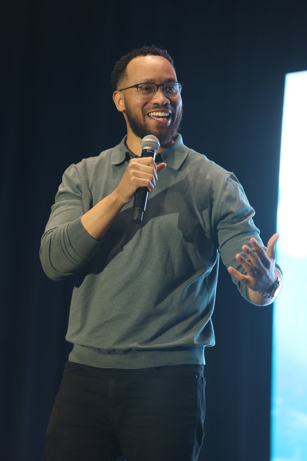 John C. York speaking on stage